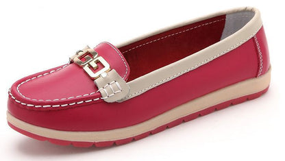 women Metal buckle genuine leather flats shoes woman causal nurse shoes women's round toe flexible candy color walking loafer