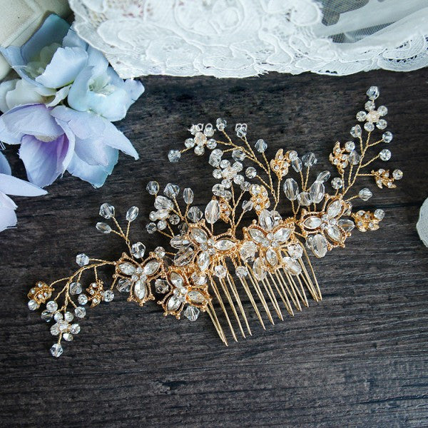 Handmade Vintage Bridal Gold Leaf Hair Comb Wedding Accessories Rhinestone Headpiece