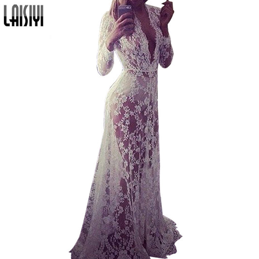 Free Shipping Women Floor-Length Black White Lace Dress Adjust Waist Sexy - Shopy Max