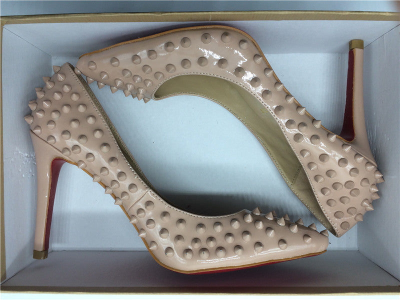 Pumps Red Bottom High Heels Sexy Point Toe Red Bottom Ladies High Heels Rivet Patent - Shopy Max