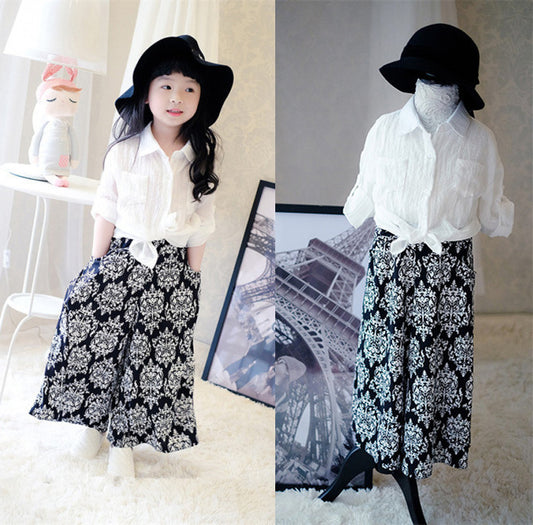 fashion girls clothing set white blouse shirt & wide leg long pants suit 2 pcs clothes
