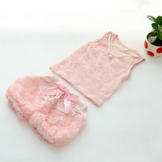 Pearl Decor Pink Kids Newborn3D Rose Blouse Tops Bowknot Short Pants Infant Girls Clothes Sets Outfits - Shopy Max