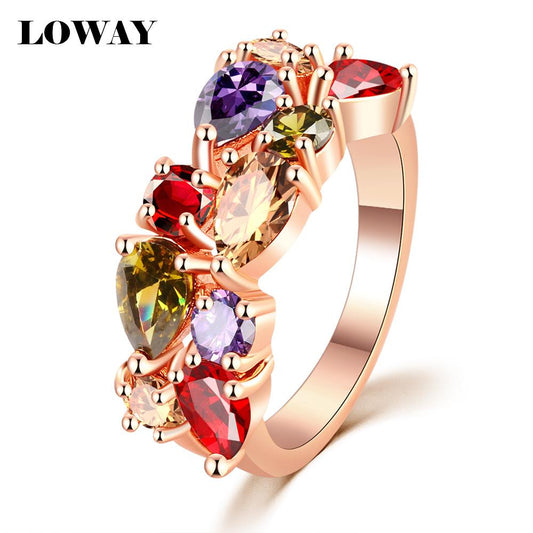 LOWAY Fashion Multicolor Anillos Cubic Zirconia 18K Rose Gold Plated Wedding Finger Ring Fine Jewelry Bague JZ5900