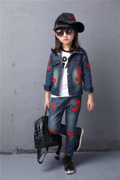 Spring fall Style Girls Red lips children clothing set Denim jacket + Jean pant 2 piece set - Shopy Max