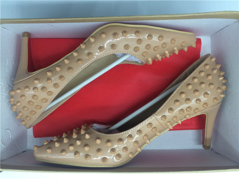 Pumps Red Bottom High Heels Sexy Point Toe Red Bottom Ladies High Heels Rivet Patent - Shopy Max