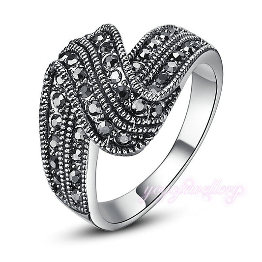 Black Marcasite Crystal Ring for women Size 6 7 8 9 18k gold silver color  R254