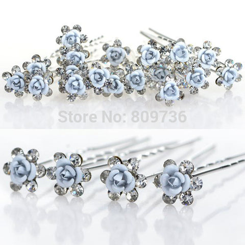 20pcs/lot Bridal Wedding Hair Pins Blue Rose Flower Crystal Hairpin Bridesmaid Women Hair Jewelry