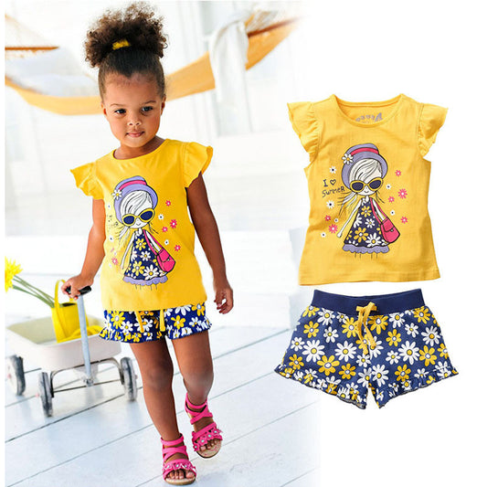 2016 Summer Kids Clothes Set Girls Clothing Sets Children Cartoon Printing T-shirt+Shorts
