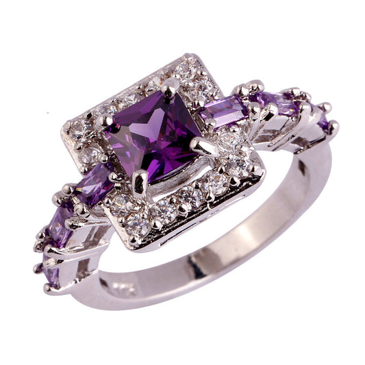 Wholesale Noble 766R1-10 Princess Cut Amethyst & White Topaz 925  Silver Ring Size 10 Free Shipping