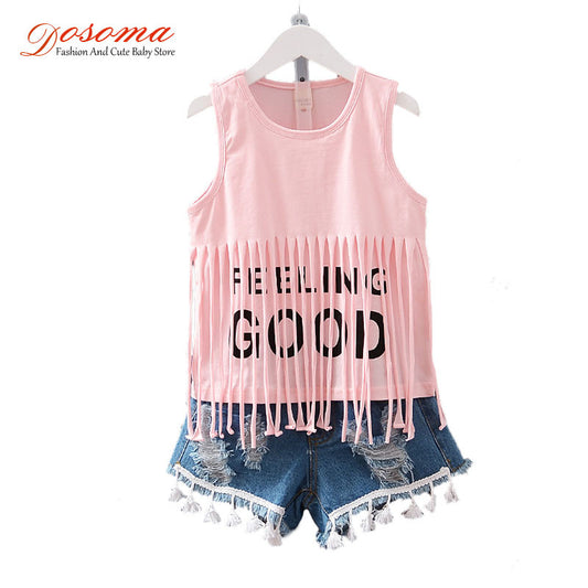 Children clothing 2016 summer style baby girls clothing sets fringed vest letter