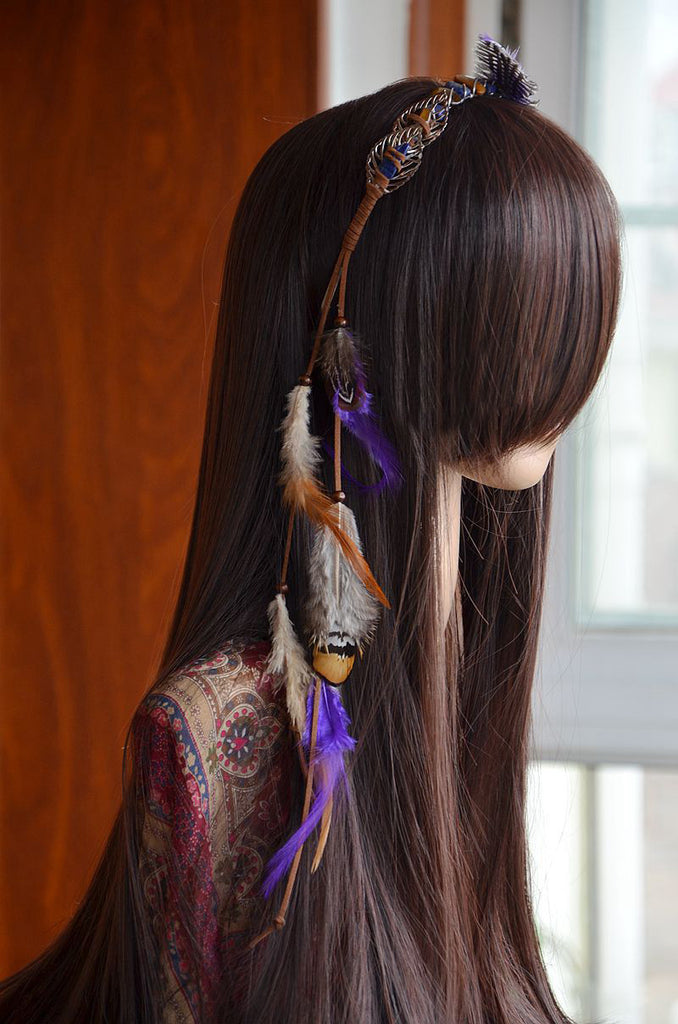 1PC Boho Feather Headband Head piece Natural Brown Stone Hair Band Purple Feather Wedding Tiara Indian - Shopy Max