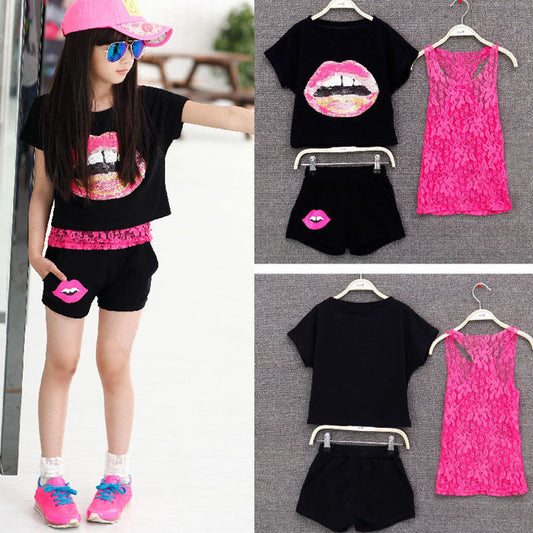 Retail 2016 Girls Summer Clothing Set Kids Girls European Girls 3 Pieces Sets Lace Tank Top & T-shirt & Shorts Summer Style - Shopy Max