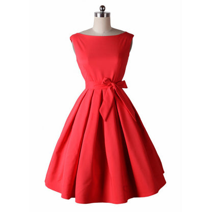 LANLAN Red Black Audrey Hepburn Style 50s rockabilly Dress 2016 New Summer Dress Sleeveless Bow