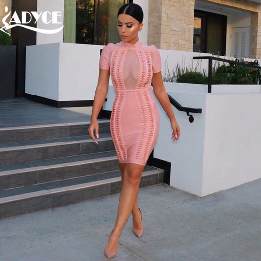 hot sale 2016 New women summer dress sexry  Mesh High Neck Bandage Dress Pink party