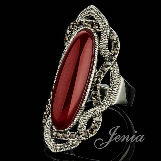 JENIA Hot Sale Antique Red Opal Stone Ring for Women Retro 18K White Gold Plated Marcasite Statement Ring XR249 - Shopy Max