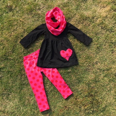 2016 new arrival baby girls clothes girls Valentines clothes 3 pieces sets with scarf sets black