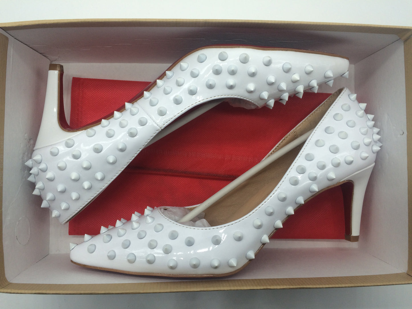 Pumps Red Bottom High Heels Sexy Point Toe Red Bottom Ladies High Heels Rivet Patent - Shopy Max