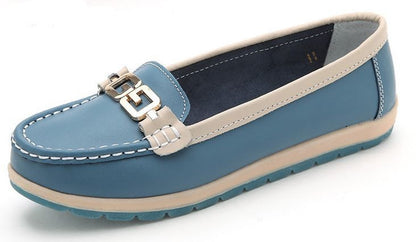 women Metal buckle genuine leather flats shoes woman causal nurse shoes women's round toe flexible candy color walking loafer