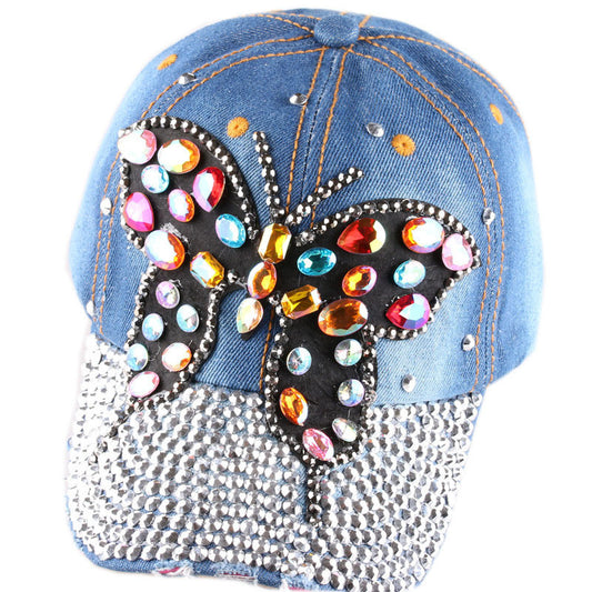 High quality Full Crystal Colorful Big Butterfly Denim Baseball Cap Bling Rhinestone hip hop Adjustable Snapback Hat for women
