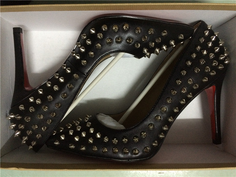 Pumps Red Bottom High Heels Sexy Point Toe Red Bottom Ladies High Heels Rivet Patent - Shopy Max