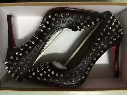 Pumps Red Bottom High Heels Sexy Point Toe Red Bottom Ladies High Heels Rivet Patent - Shopy Max