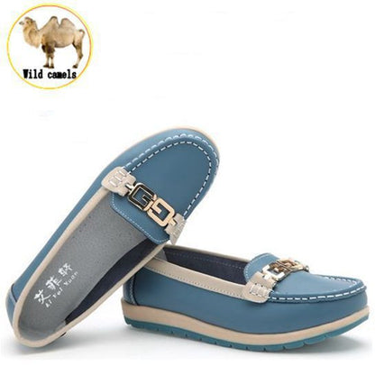 women Metal buckle genuine leather flats shoes woman causal nurse shoes women's round toe flexible candy color walking loafer
