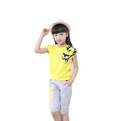 Casual Girls 2pcs Sports Suit Children Short-sleeved T-shirt+Pant Summer - Shopy Max