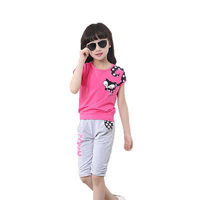 Casual Girls 2pcs Sports Suit Children Short-sleeved T-shirt+Pant Summer - Shopy Max